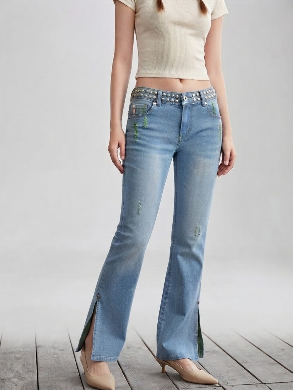 Buffalo David Bitton Vintage Y2K Flare Slits Hem Studded Waist 29 Jeans Stretch